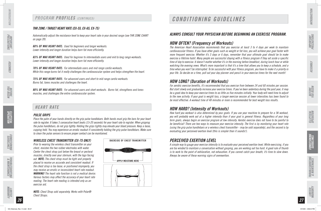 Horizon Fitness EX-65, EX-55, EX-75 manual Conditioning Guidelines, Heart Rate, Perceived Exertion Level, Pulse grips 