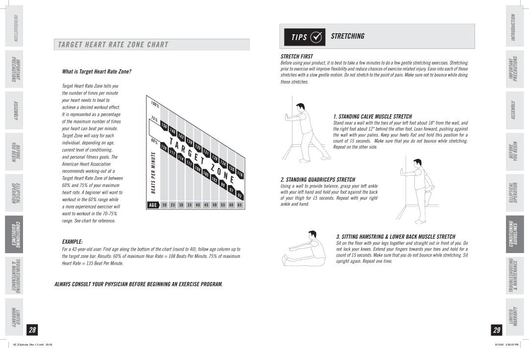 Horizon Fitness EX-55, EX-75, EX-65 Target Heart Rate Zone Chart, Stretch First, Standing Calve Muscle Stretch, Example 