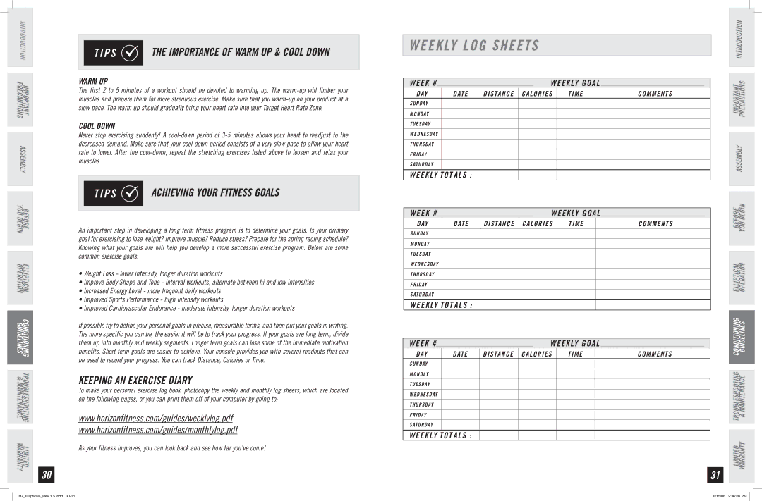 Horizon Fitness EX-75, EX-55, EX-65 manual Weekly LOG Sheets, Achieving Your Fitness Goals, Keeping AN Exercise Diary 