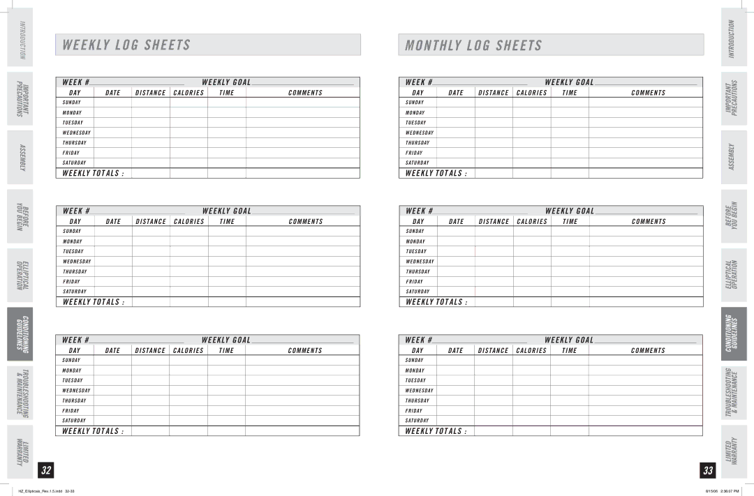 Horizon Fitness EX-65, EX-55, EX-75 manual Monthly LOG Sheets 