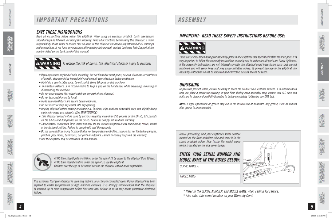 Horizon Fitness EX-55, EX-75, EX-65 manual Important Precautions, Assembly, Unpacking 