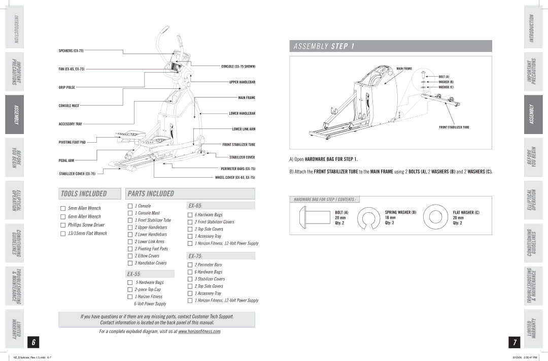 Horizon Fitness EX-75, EX-55, EX-65 manual S E M B LY Step, Open Hardware BAG for Step 