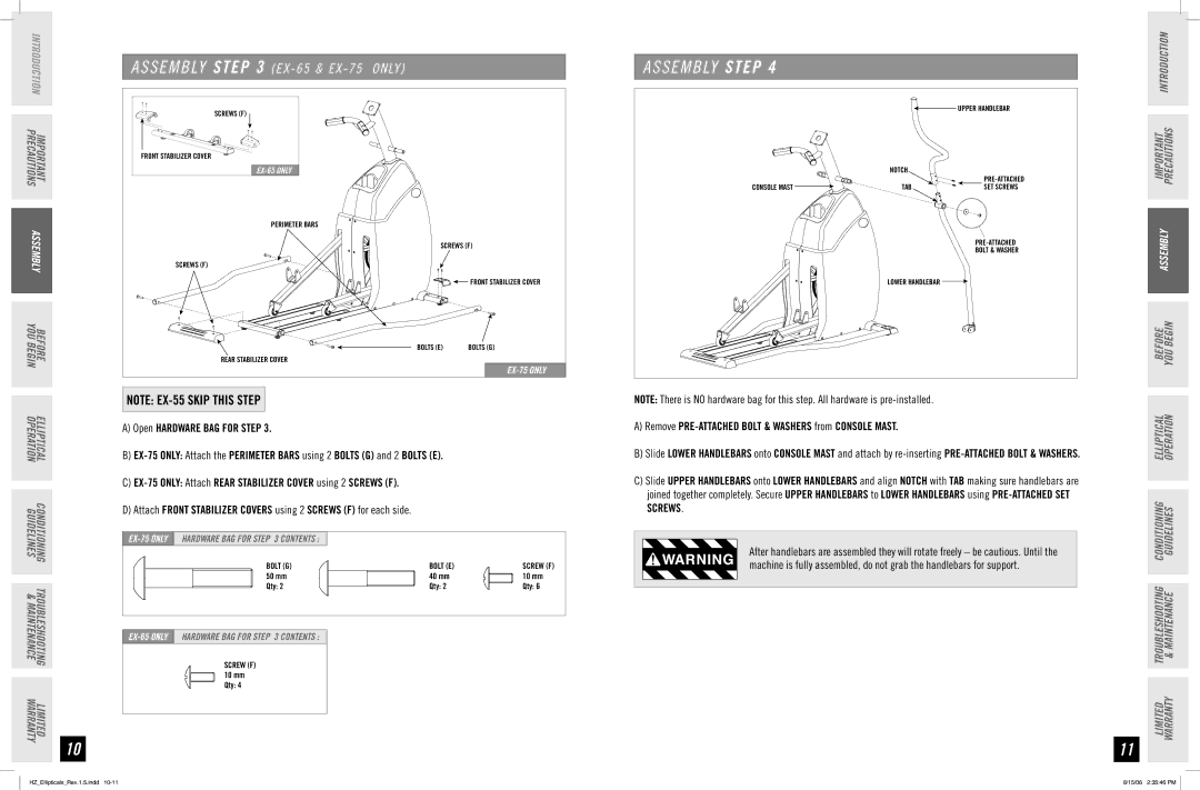 Horizon Fitness EX-55, EX-75, EX-65 manual Only 