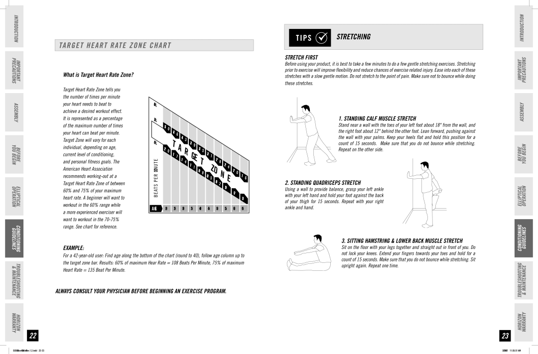 Horizon Fitness EX-56 manual Target Heart Rate Zone Chart, Stretch First, Standing Calf Muscle Stretch 