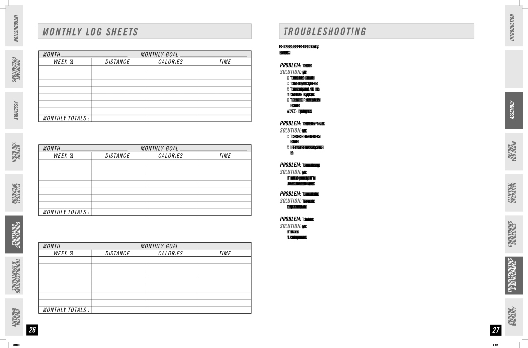 Horizon Fitness EX-56 manual Monthly LOG Sheets, Troubleshooting, Week # Distance Calories Time Monthly Totals 