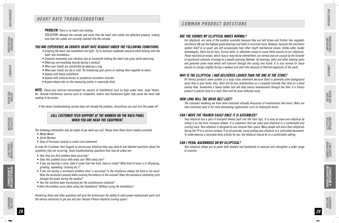 Horizon Fitness EX-56 manual Heart Rate Troubleshooting, Common Product Questions 