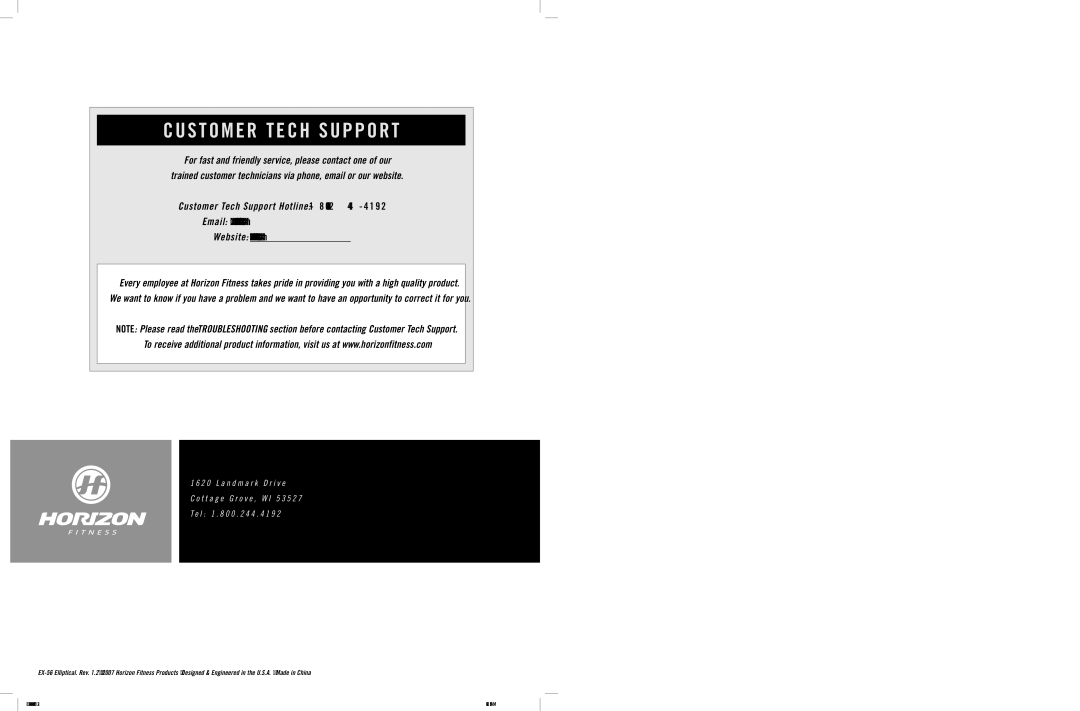 Horizon Fitness EX-56 manual Customer Tech Support 