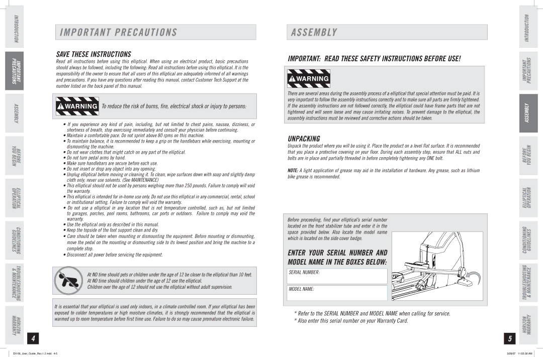 Horizon Fitness EX-56 manual Important Precautions, Assembly, Unpacking 