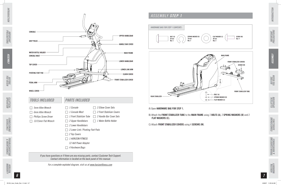 Horizon Fitness EX-56 manual Tools Included, Parts Included 