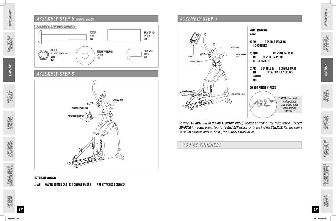 Horizon Fitness EX-56 manual YOU’RE Finished, Assembly C O N T I N U E D 