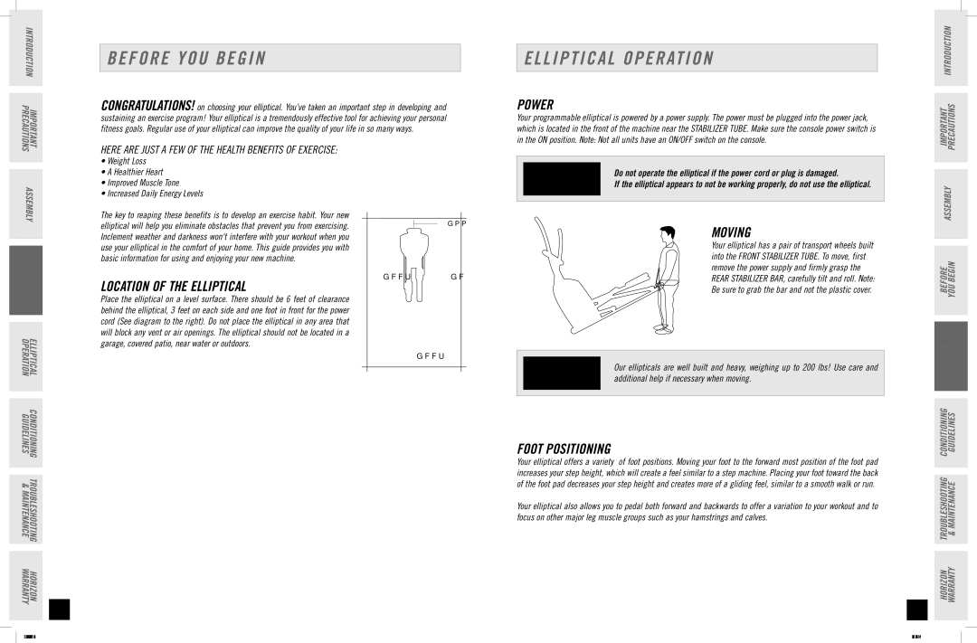 Horizon Fitness EX-56 manual Before YOU Begin, Elliptical Operation 