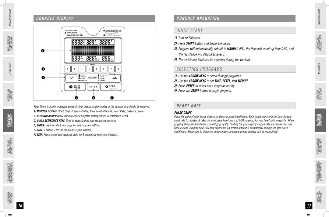 Horizon Fitness EX-56 manual Quick Start, Selecting Programs, Heart Rate, Pulse Grips 