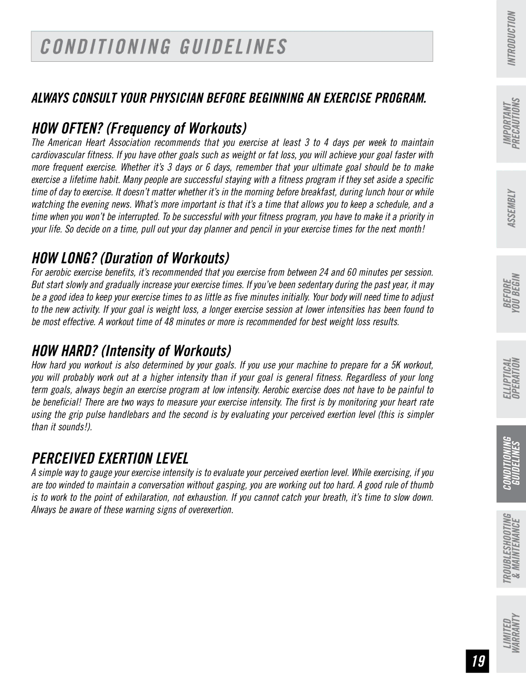 Horizon Fitness CE4.1, EX-57 manual Conditioning Guidelines, Perceived Exertion Level 