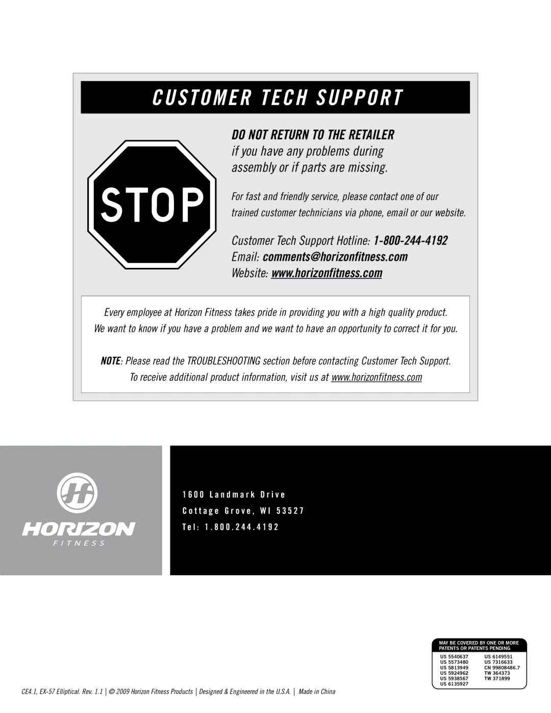 Horizon Fitness EX-57, CE4.1 manual Customer Tech Support 