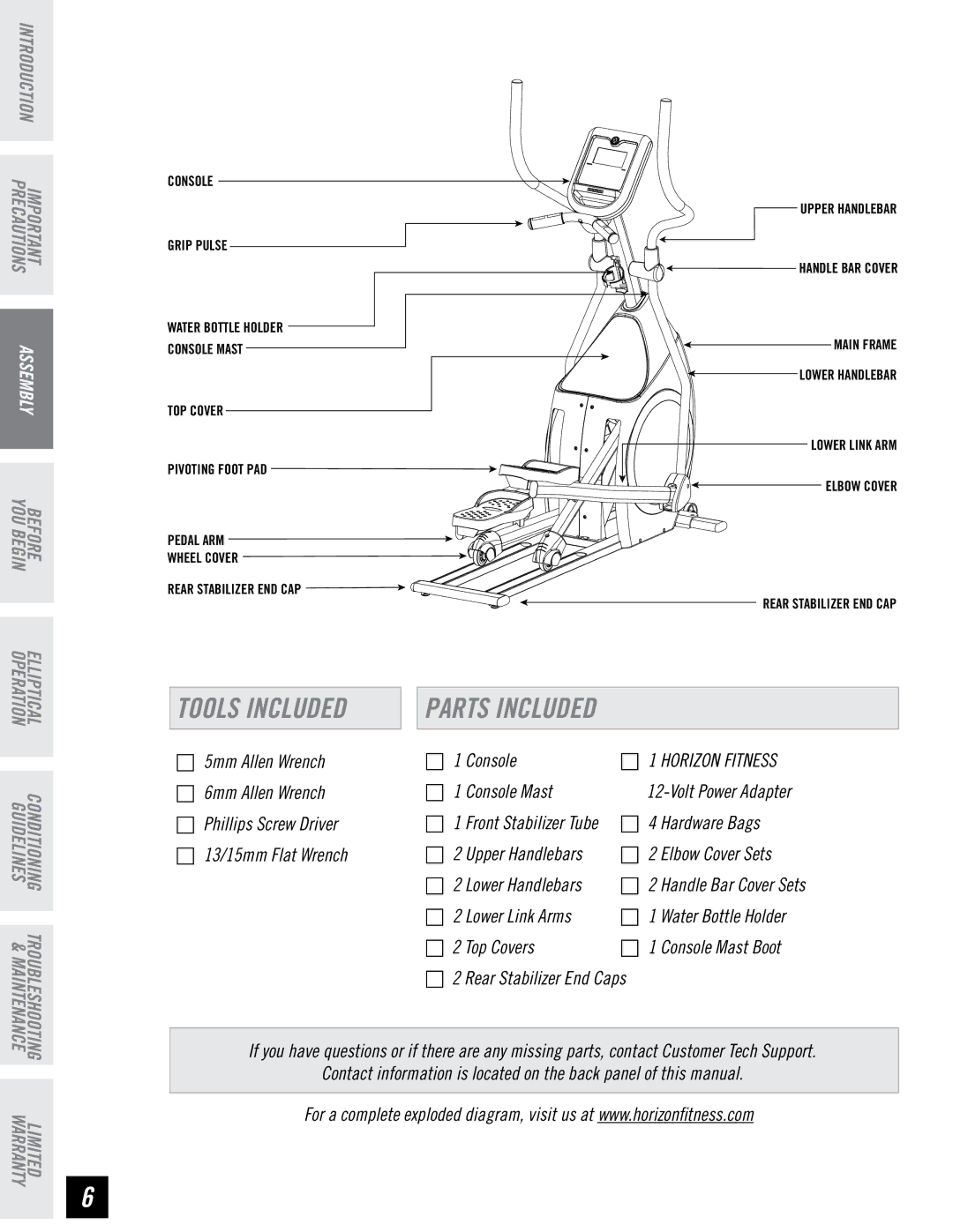 Horizon Fitness EX-57, CE4.1 manual Tools Included, Parts Included 