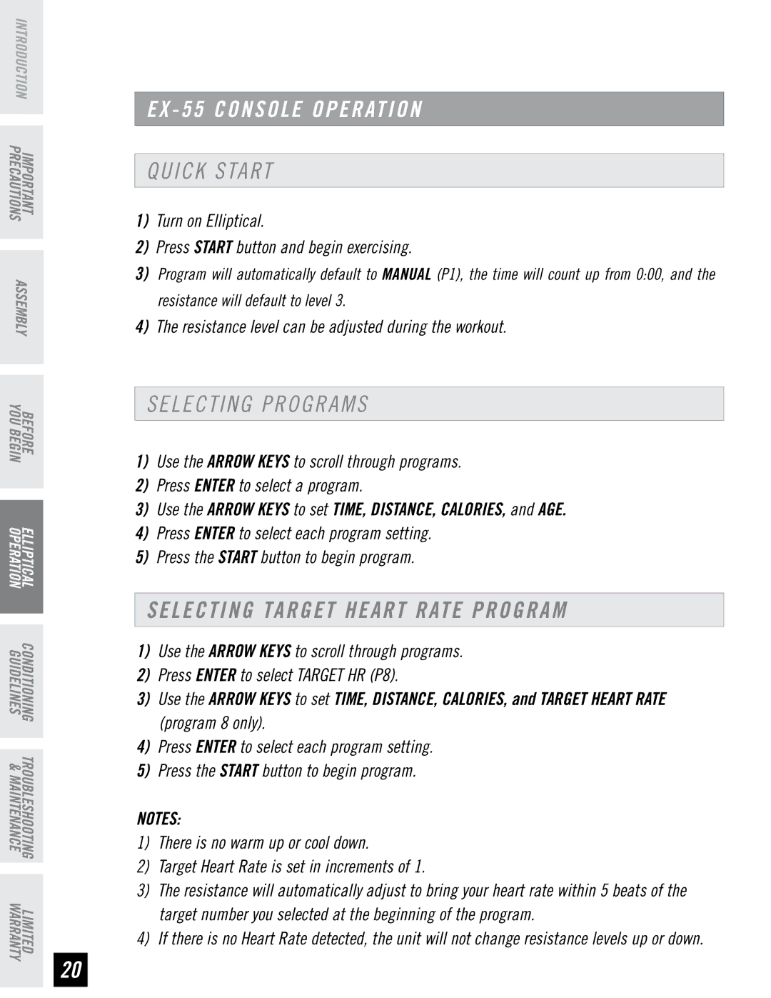 Horizon Fitness EX-65 manual EX 55 Console Operation, Quick Start, Selecting Programs, Selecting Target Heart Rate Program 