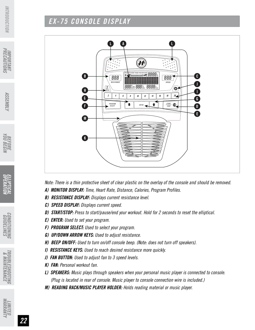 Horizon Fitness EX-65 manual EX 75 Console Display 