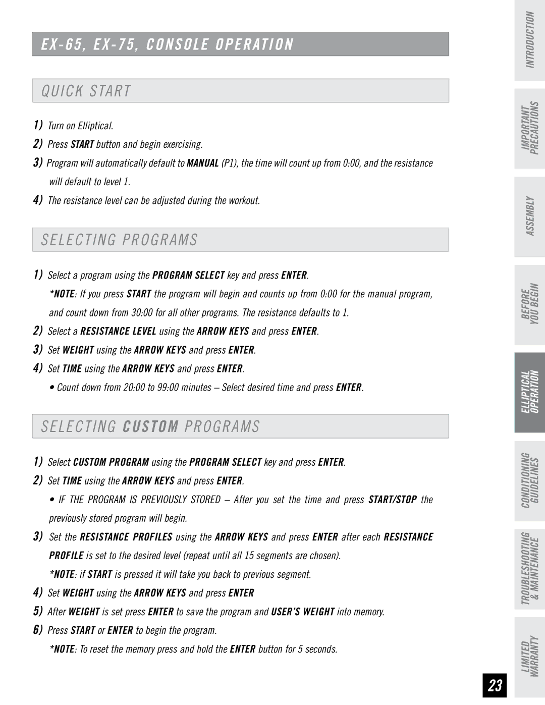 Horizon Fitness EX-65 manual EX 65, EX 75, Console Operation, Selecting Custom Programs 