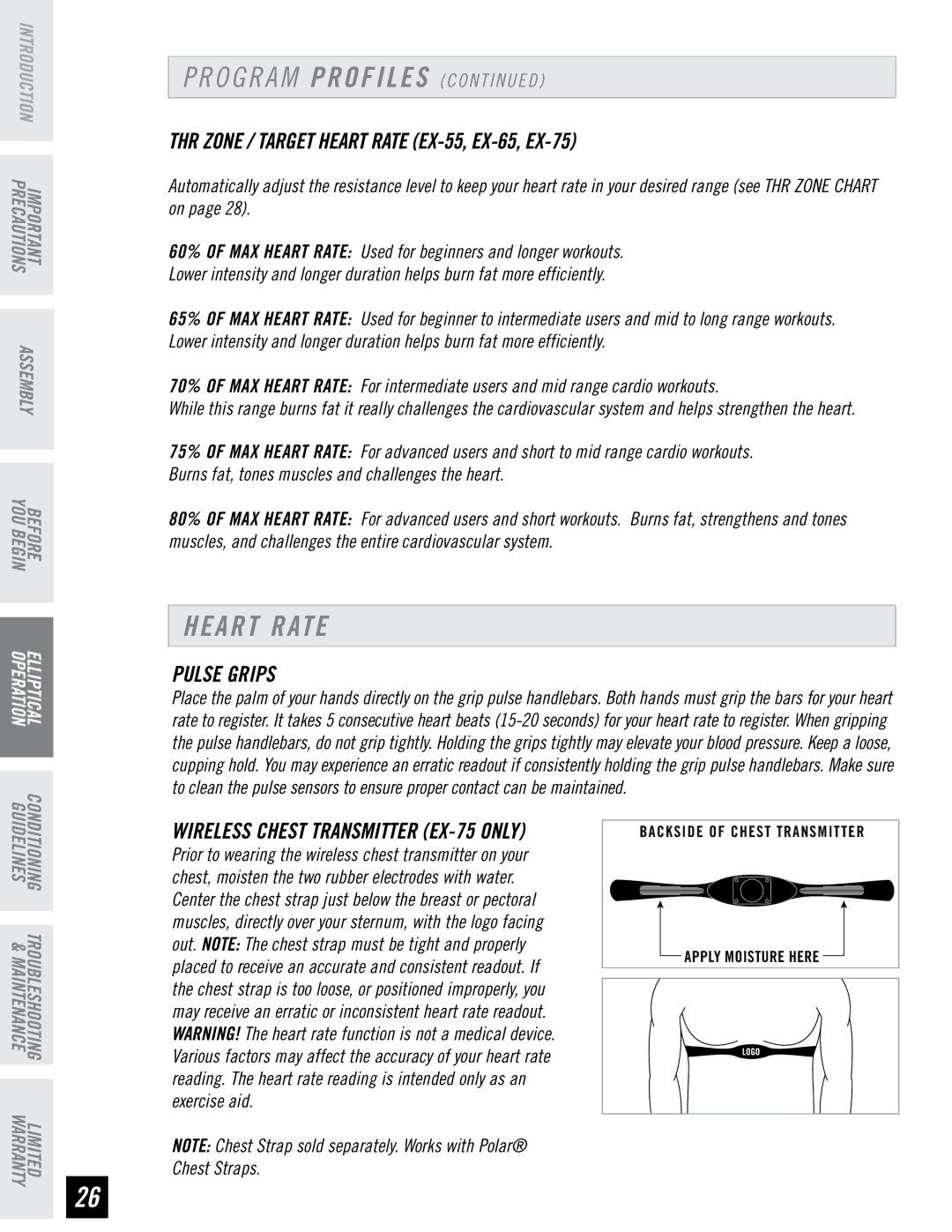 Horizon Fitness manual THR Zone / Target Heart Rate ex-55, EX-65, EX-75, Pulse grips 