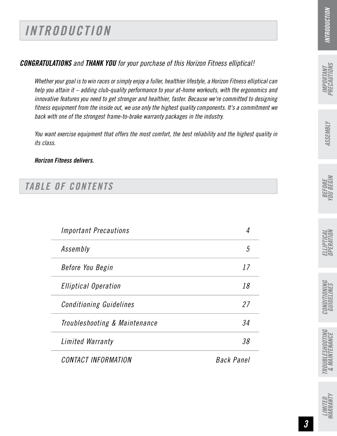 Horizon Fitness EX-65 manual T R O D U C T I O N, Table of Contents 