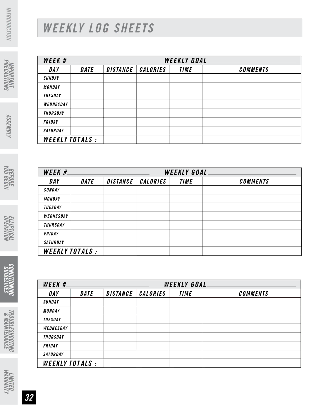 Horizon Fitness EX-65 manual Weekly LOG Sheets 