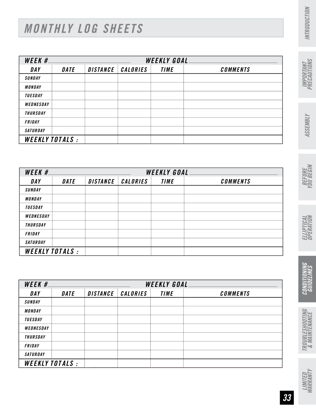 Horizon Fitness EX-65 manual Monthly LOG Sheets 