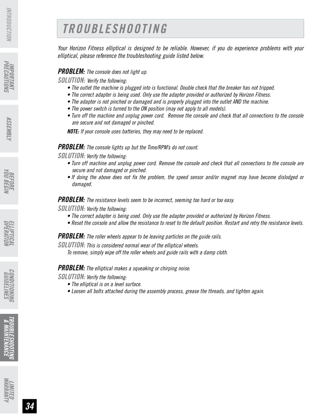 Horizon Fitness EX-65 manual Troubleshooting 