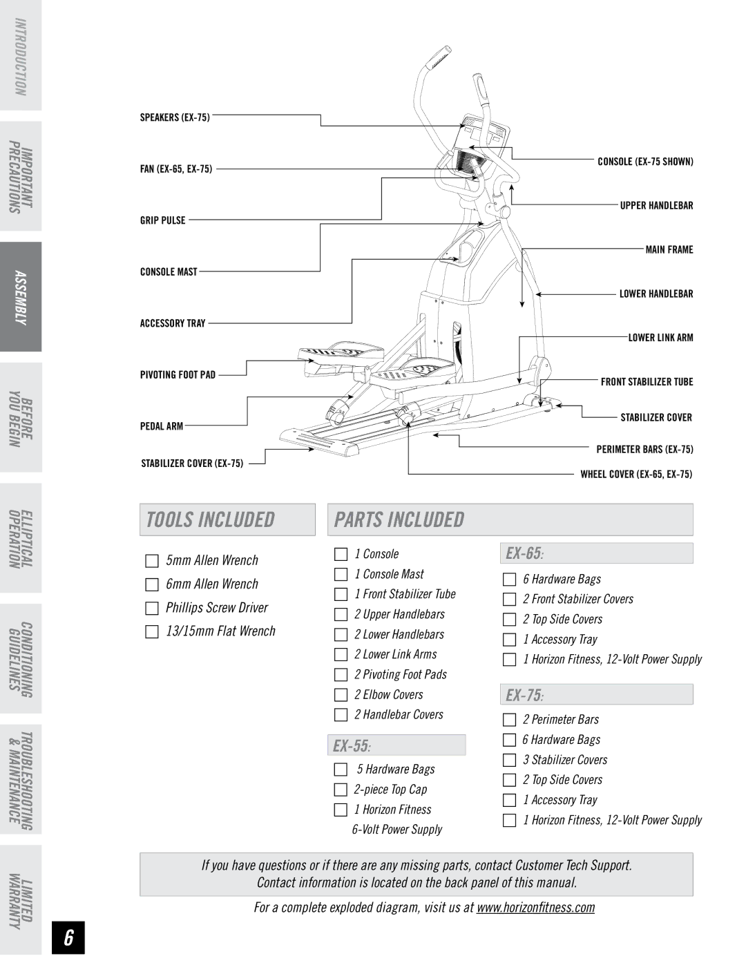 Horizon Fitness EX-65 manual Tools Included Parts Included 