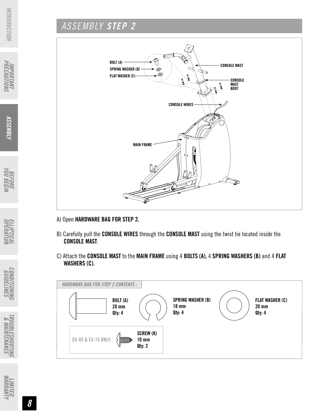 Horizon Fitness EX-65 manual Console Mast 