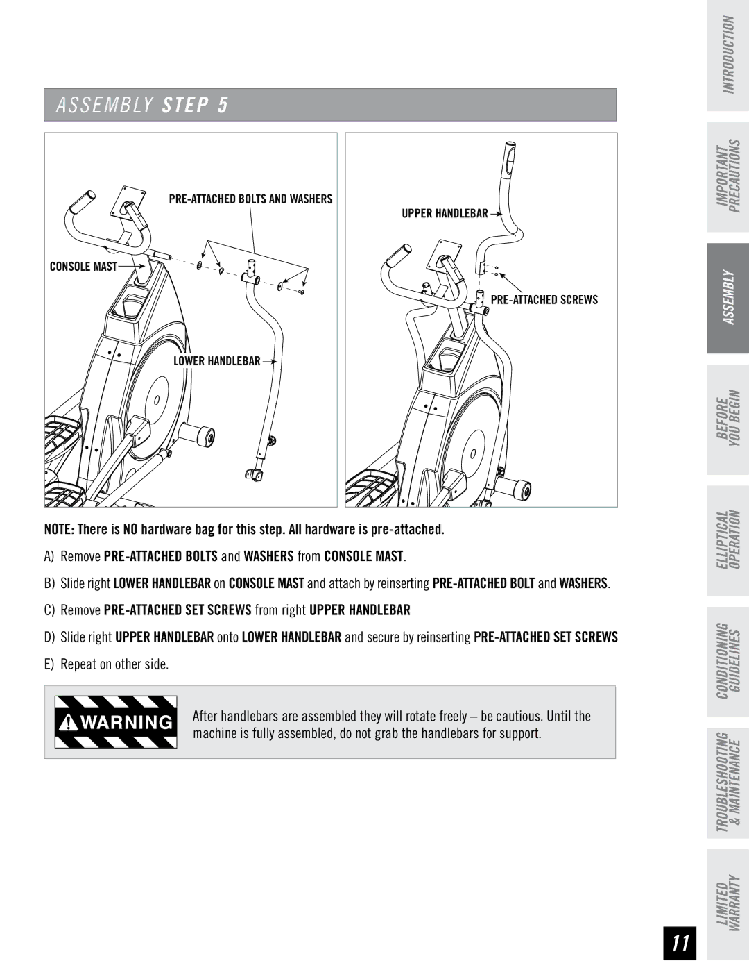 Horizon Fitness EX-66 manual Remove PRE-ATTACHED Bolts and Washers from Console Mast 