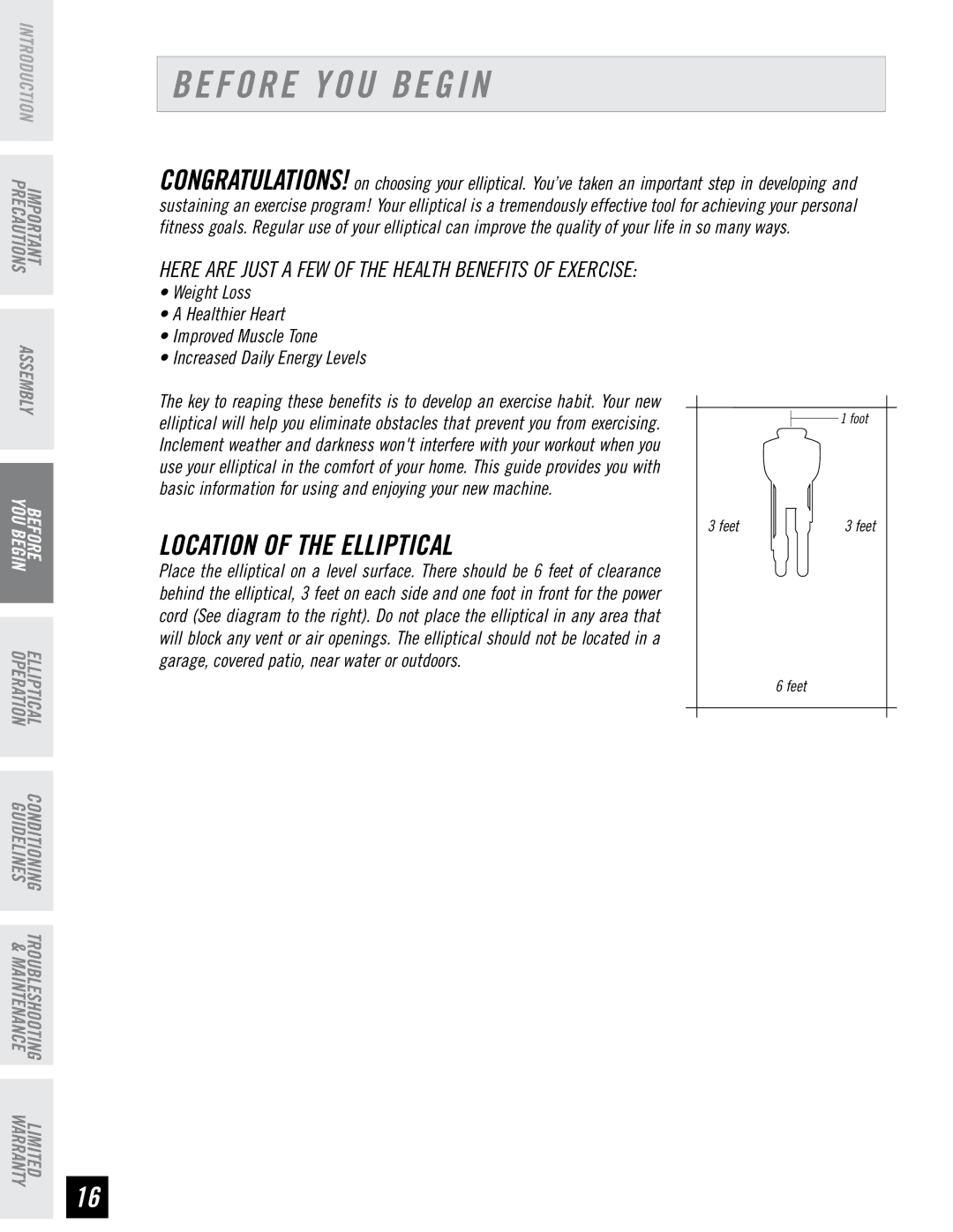 Horizon Fitness EX-66 Before YOU Begin, Location of the Elliptical, Here are just a few of the health benefits of exercise 