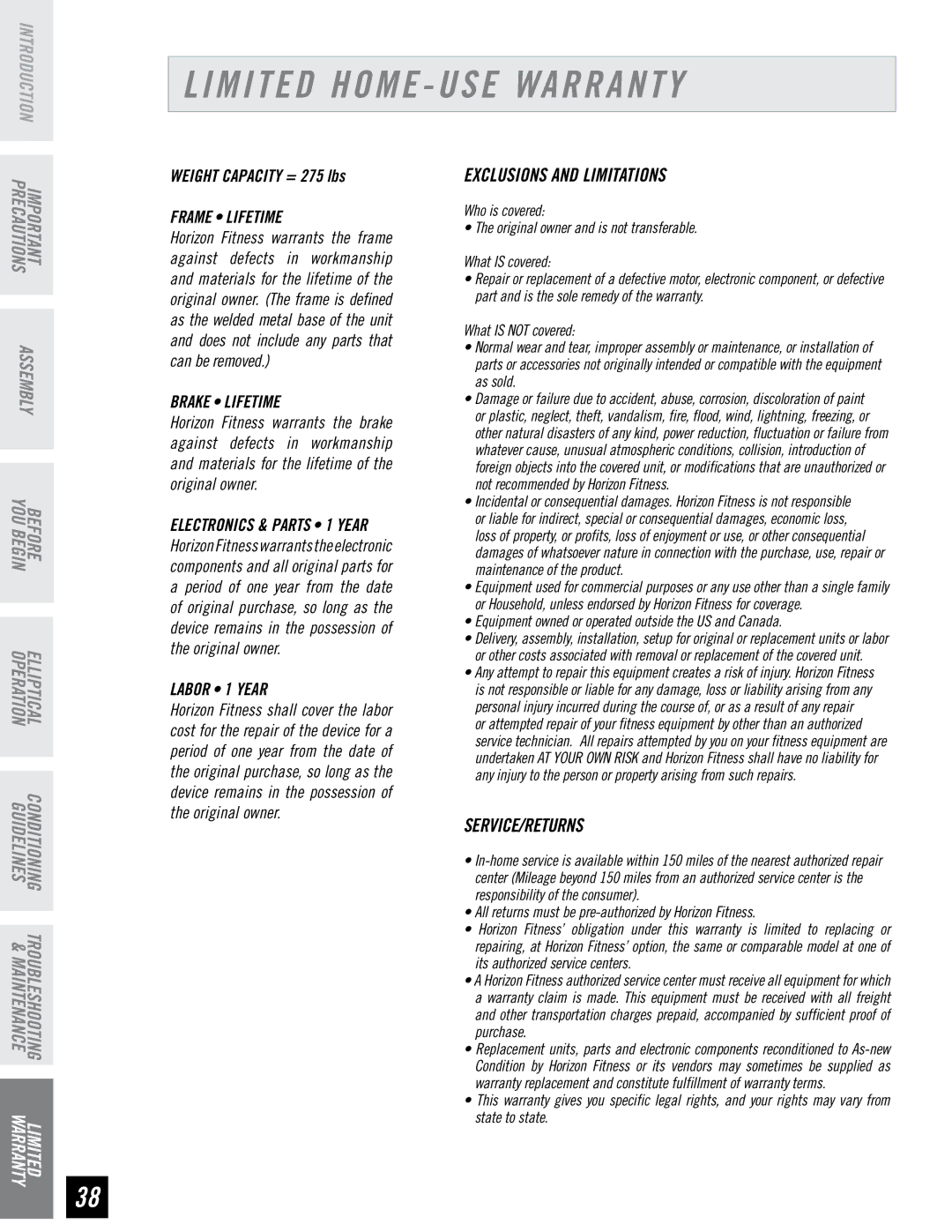 Horizon Fitness EX-66 manual Limited Home USE Warranty, Frame Lifetime 