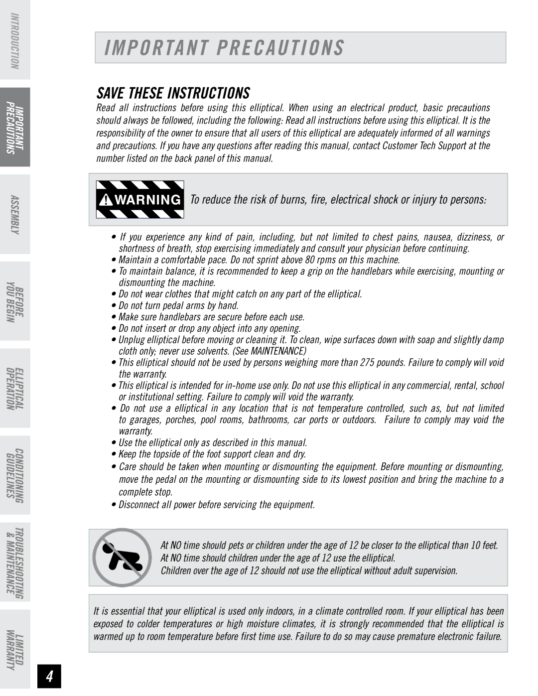 Horizon Fitness EX-66 manual Important Precautions 