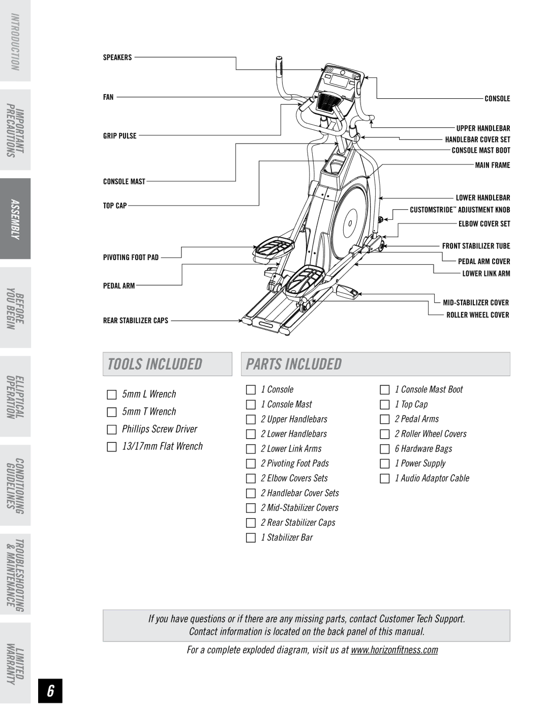 Horizon Fitness EX-66 manual Tools Included 