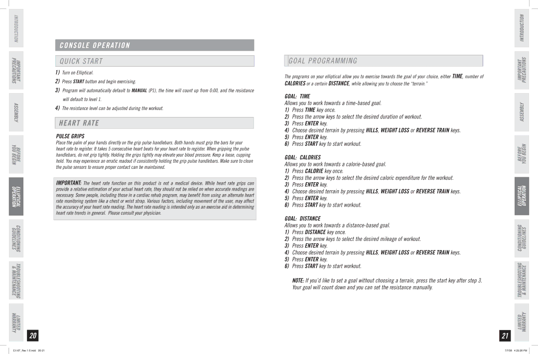 Horizon Fitness EX-67 manual Goal Programming, Pulse grips, Goal Time, Goal Calories, Goal Distance 