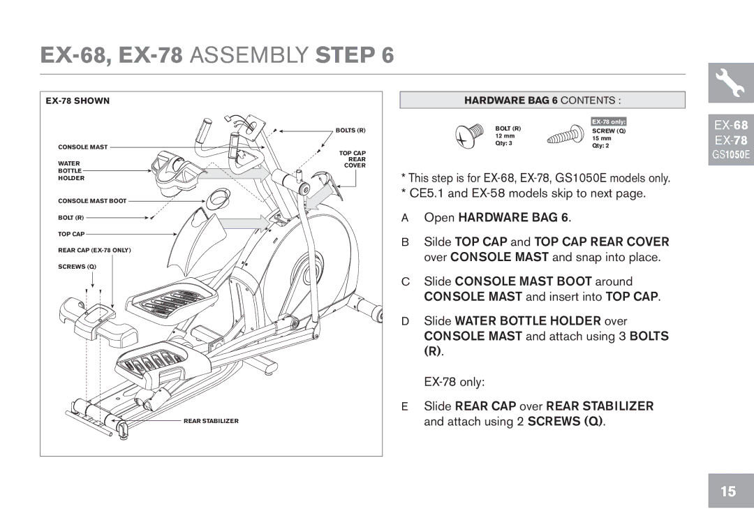 Horizon Fitness GS1050E, CE5.1, EX-58 owner manual EX-68, EX-78 Assembly Step, Hardware BAG 6 Contents 