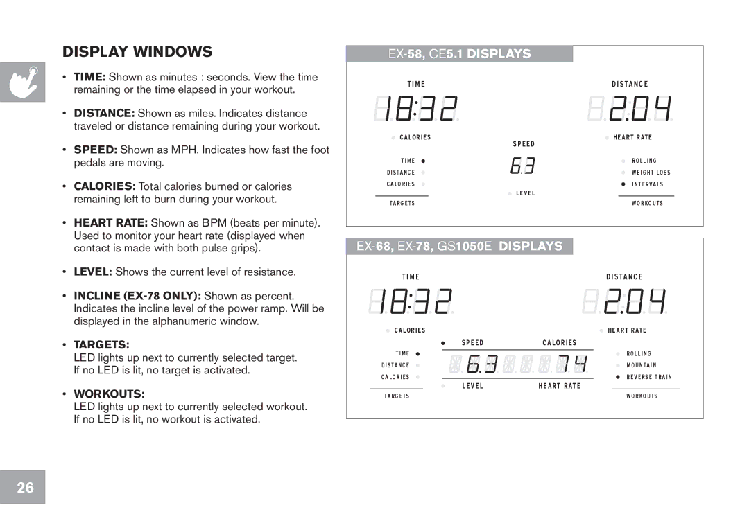 Horizon Fitness GS1050E, EX-68, EX-78, CE5.1, EX-58 owner manual Display windows 