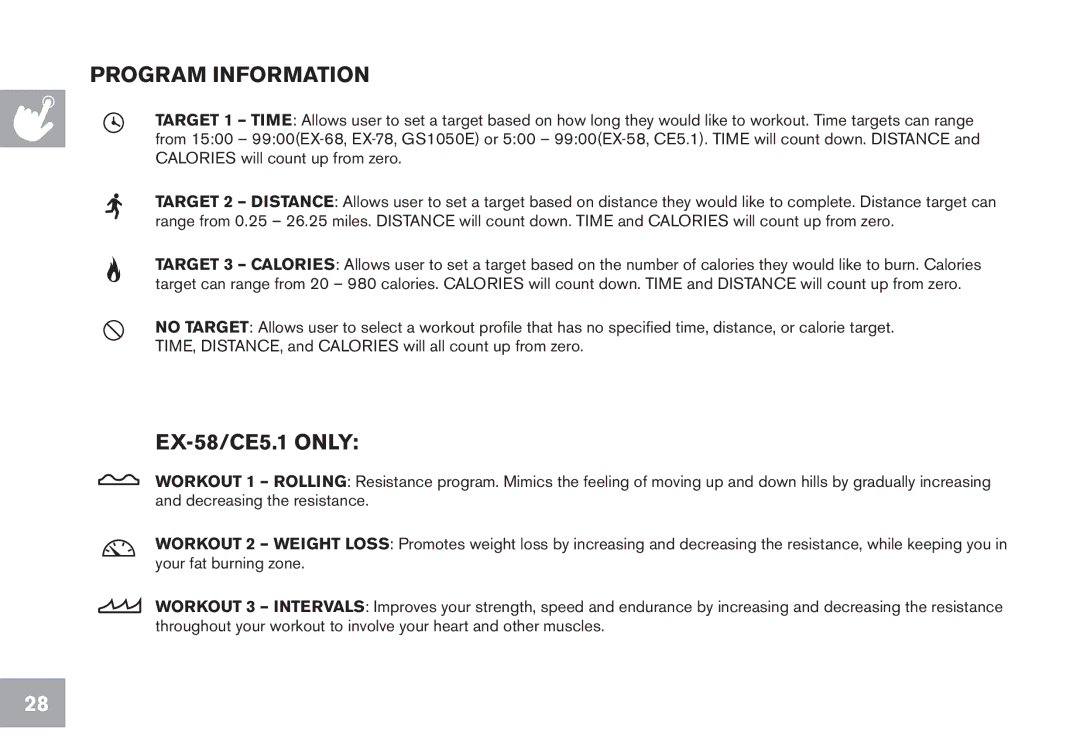 Horizon Fitness CE5.1, EX-68, GS1050E, EX-78, EX-58 owner manual Program information 