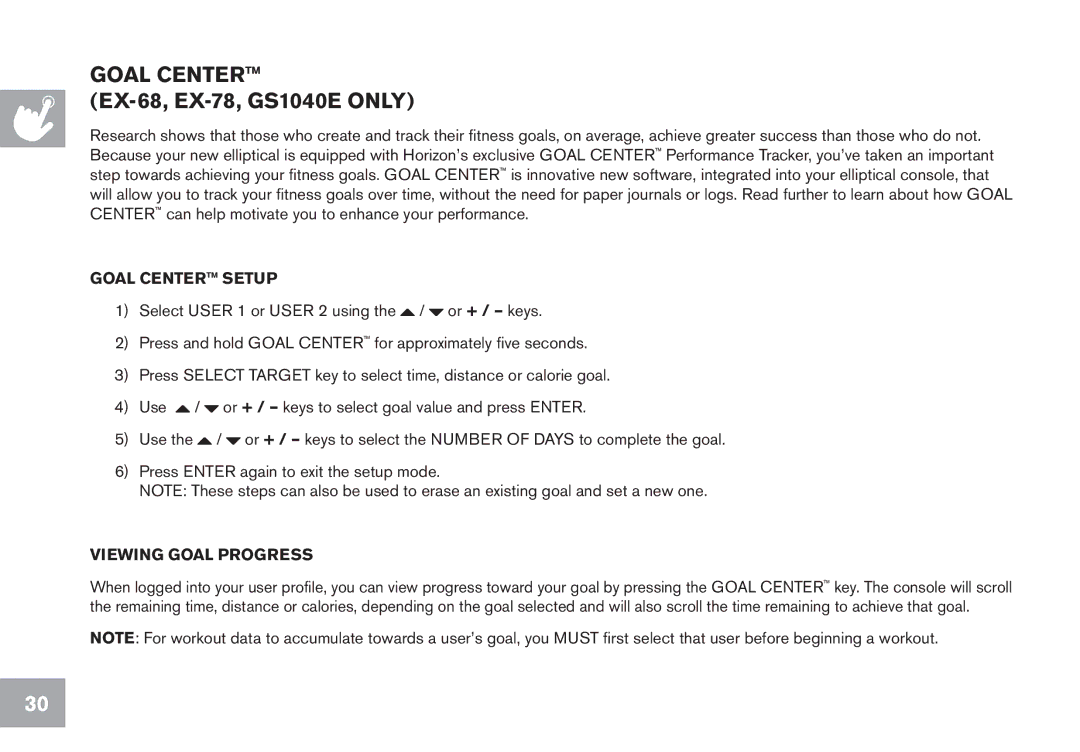 Horizon Fitness GS1050E, CE5.1, EX-58 owner manual Goal center EX-68, EX-78, GS1040E only 