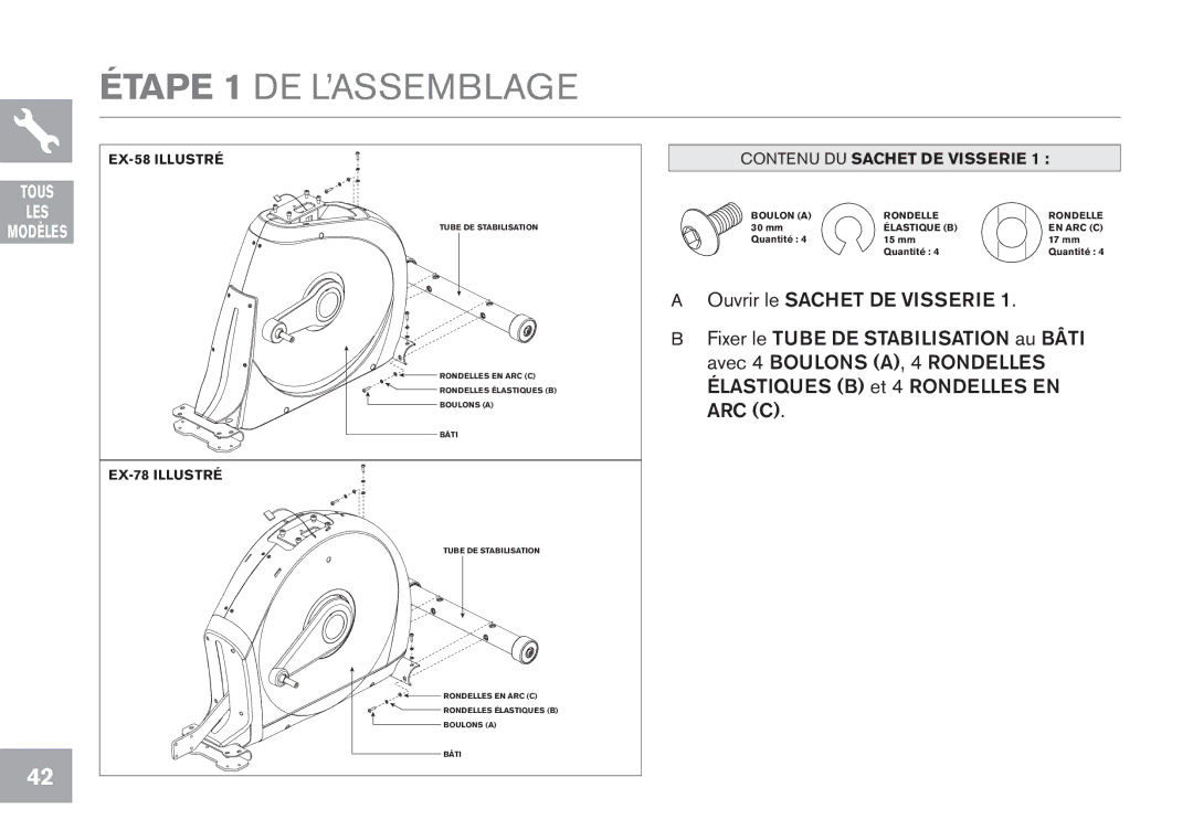 Horizon Fitness EX-78, EX-68, GS1050E, CE5.1, EX-58 owner manual Étape 1 DE L’ASSEMBLAGE, Contenu DU Sachet DE Visserie 