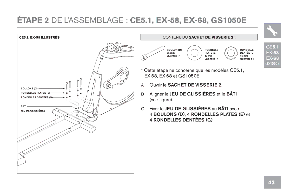 Horizon Fitness EX-78 owner manual Étape 2 DE L’ASSEMBLAGE CE5.1, EX-58, EX-68, GS1050E 