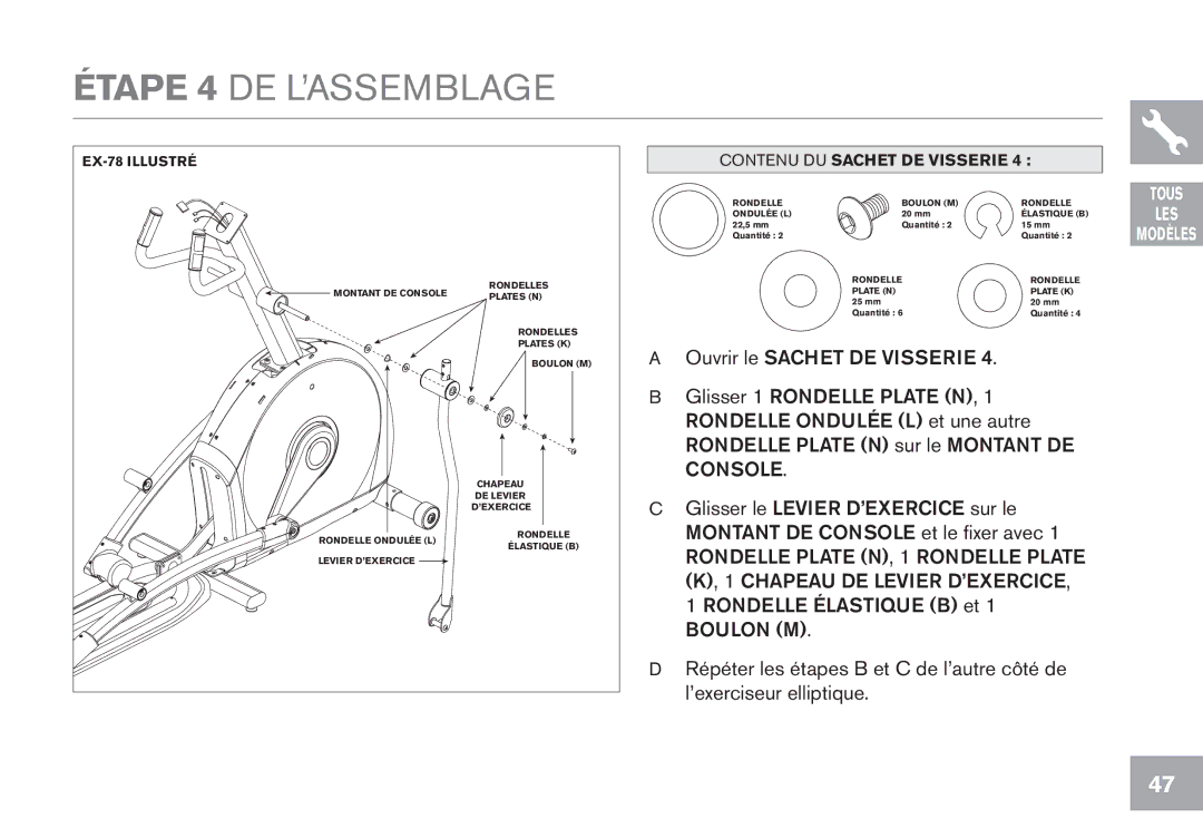 Horizon Fitness EX-78, EX-68, GS1050E, CE5.1, EX-58 owner manual Étape 4 DE L’ASSEMBLAGE, Console 