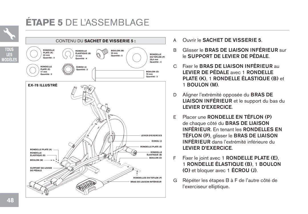 Horizon Fitness CE5.1, EX-68, GS1050E, EX-78, EX-58 owner manual Étape 5 DE L’ASSEMBLAGE, Levier D’EXERCICE 