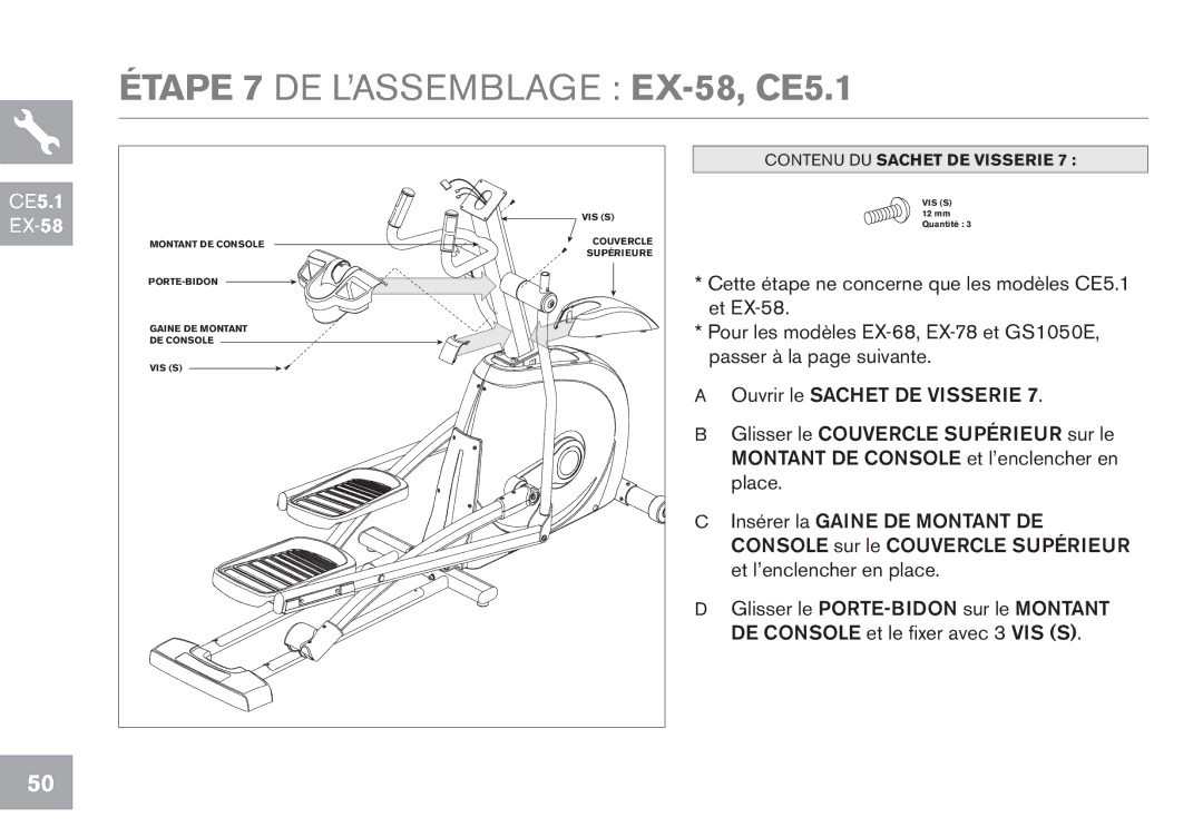 Horizon Fitness EX-68, GS1050E, EX-78 owner manual Étape 7 DE L’ASSEMBLAGE EX-58, CE5.1 