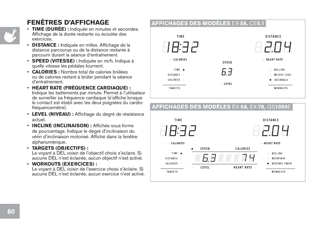 Horizon Fitness EX-68, GS1050E, EX-78, CE5.1, EX-58 owner manual Fenêtres D’AFFICHAGE, Targets Objectifs 