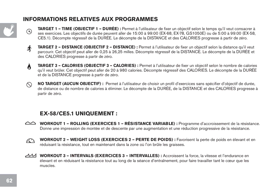 Horizon Fitness EX-78, EX-68, GS1050E owner manual Informations Relatives AUX Programmes, EX-58/CE5.1 Uniquement 