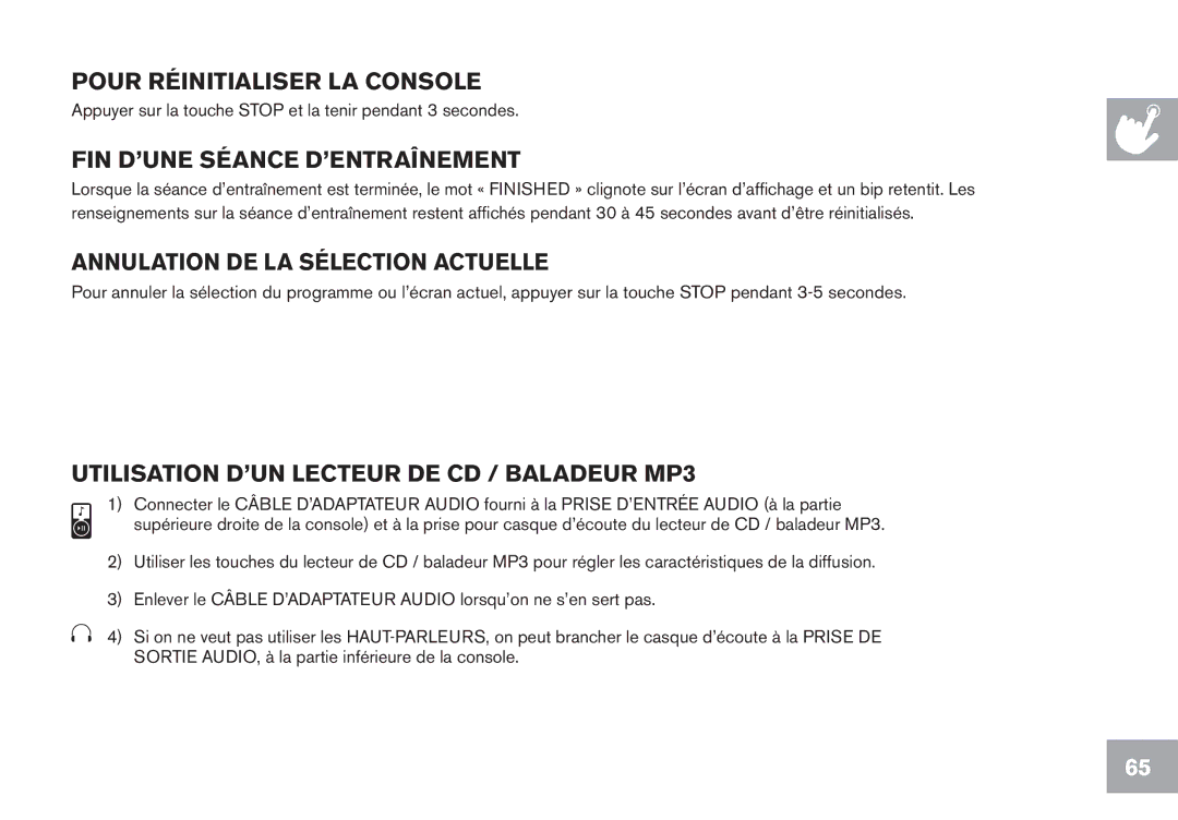 Horizon Fitness EX-68, GS1050E, EX-78, CE5.1 FIN D’UNE Séance D’ENTRAÎNEMENT, Utilisation D’UN Lecteur DE CD / Baladeur MP3 