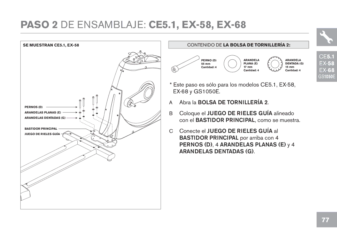 Horizon Fitness EX-78, GS1050E owner manual Paso 2 DE Ensamblaje CE5.1, EX-58, EX-68 