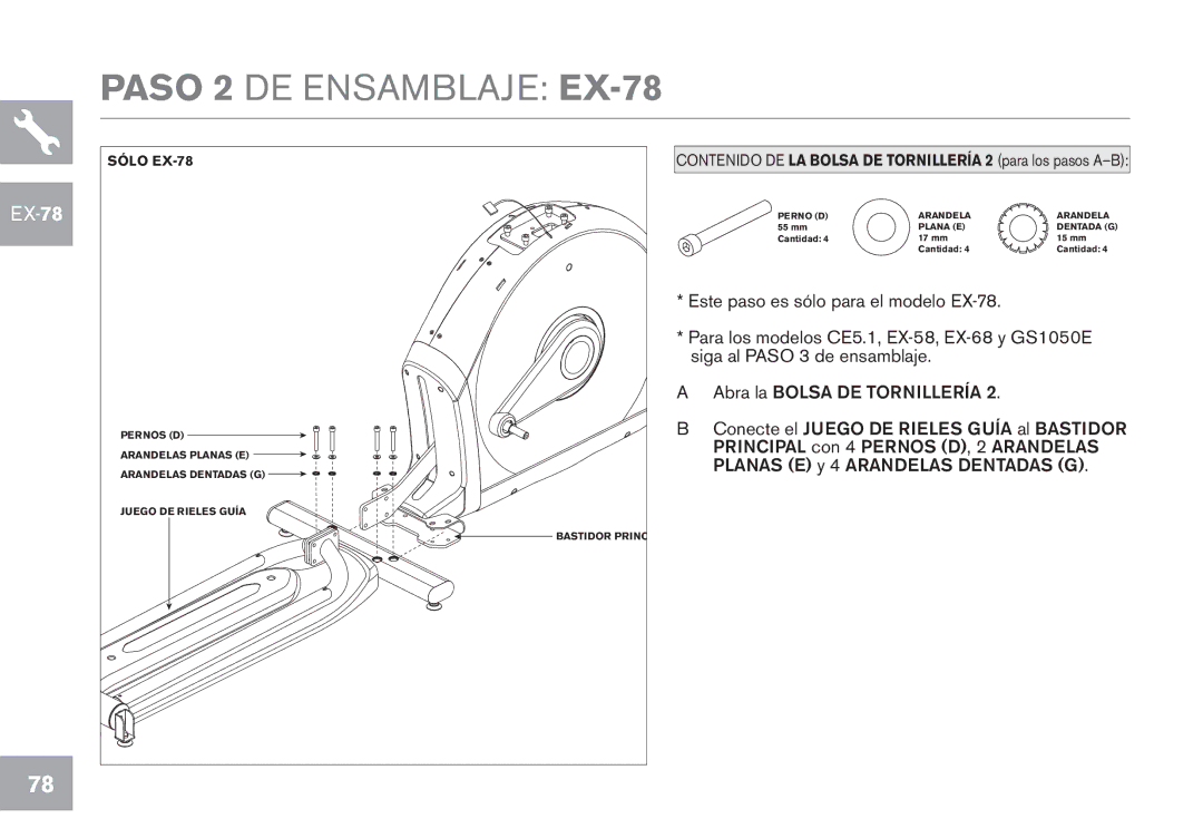 Horizon Fitness CE5.1, EX-68, GS1050E, EX-58 owner manual Paso 2 DE Ensamblaje EX-78 