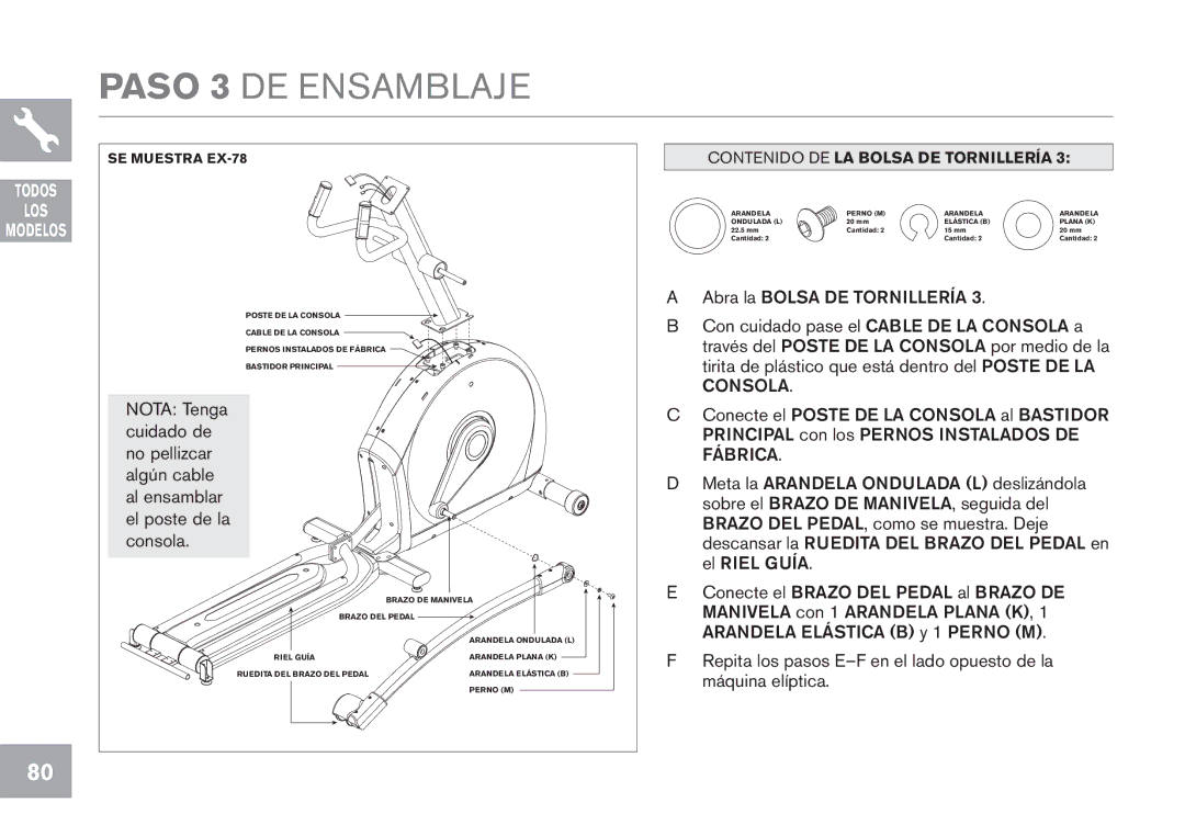 Horizon Fitness EX-68, GS1050E, EX-78, CE5.1, EX-58 owner manual Paso 3 DE Ensamblaje, Todos LOS Modelos 